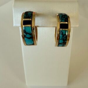 Handmade 14K Gold Turquoise & Lapis Inlay Huggy Hoop Earrings Tony Sanchez